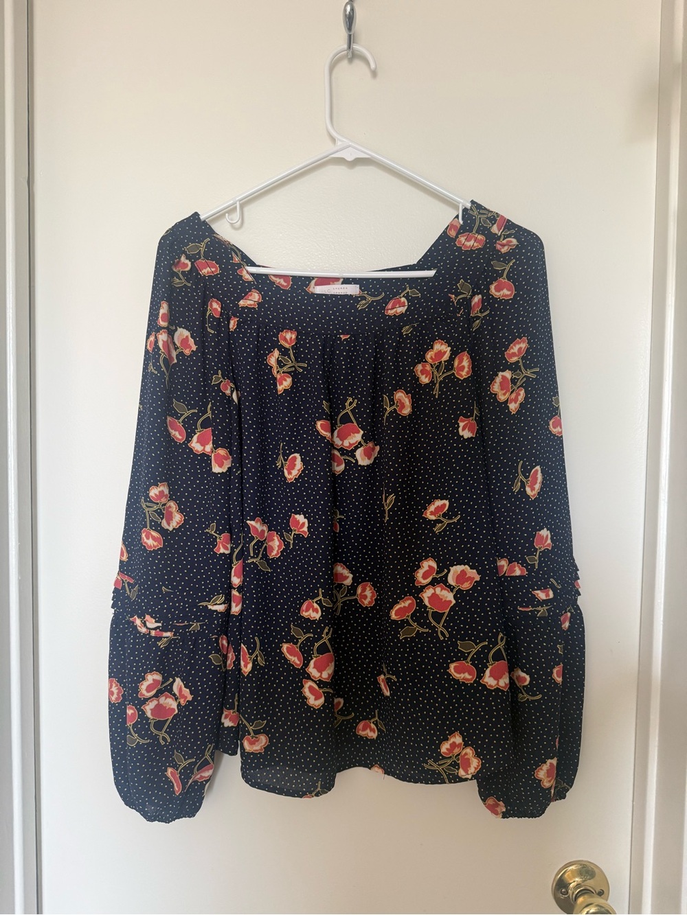 LC Lauren Conrad Navy Floral Polka Dot Long Sleeve Blouse Size S